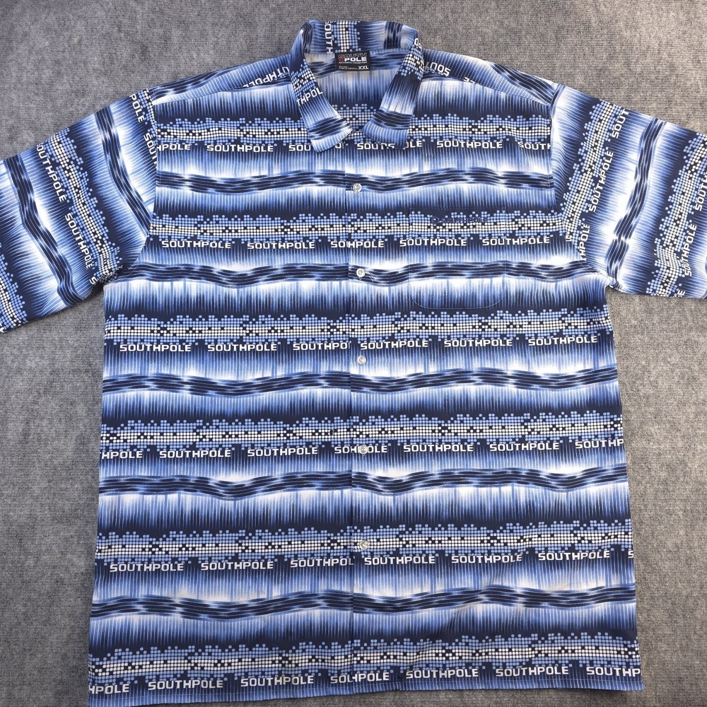 Southpole Shirt 2XL‎ Short Sleeve Button Up Blue Stiped Geometric Polyester